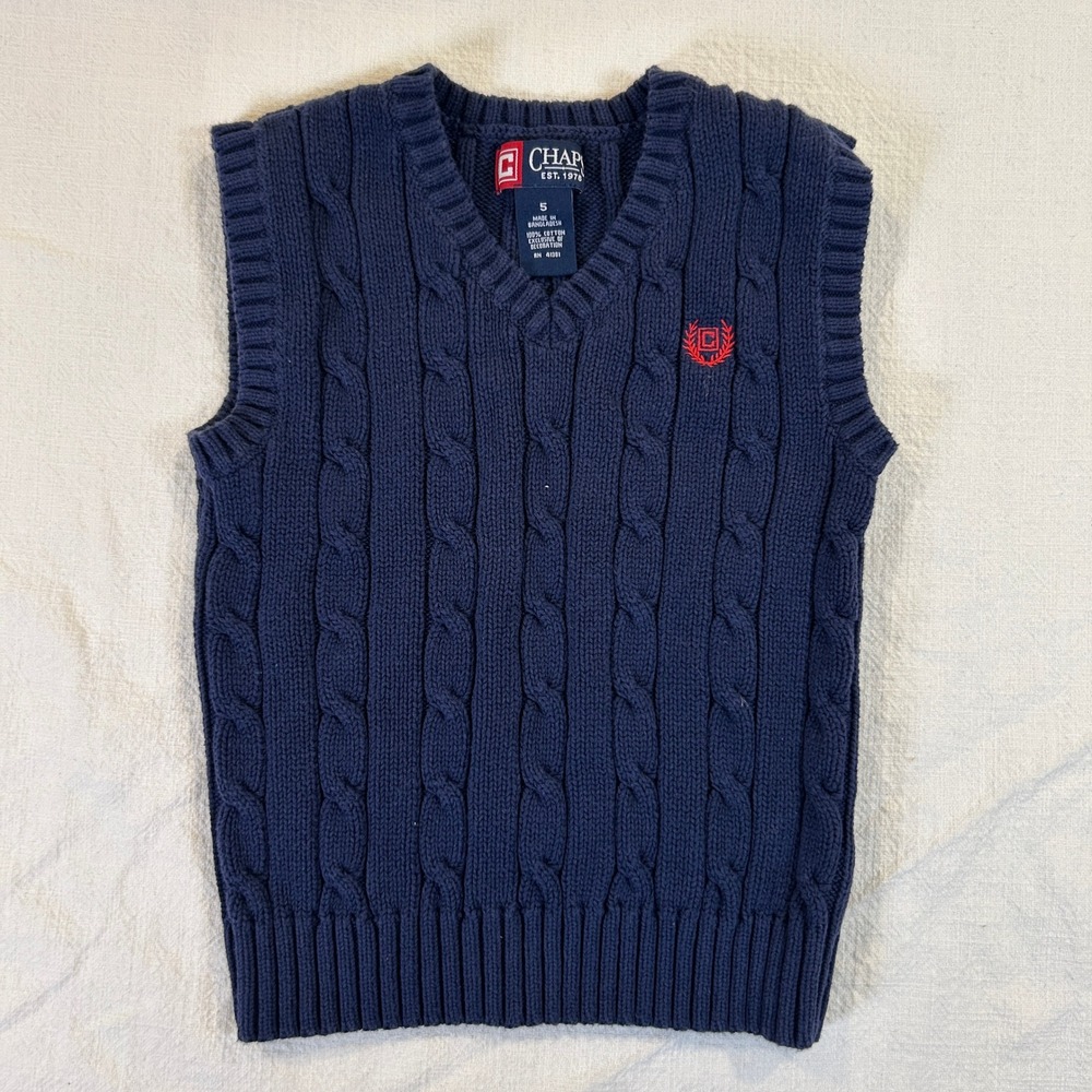 Chaps Kids Navy Blue‎ Cable Knit Sweater Vest V-Neck Cotton Size 5 Logo RN 41381